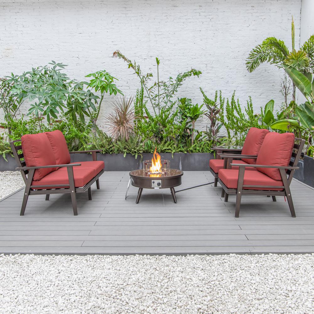 LeisureMod Walbrooke Modern Brown Patio Conversation With Round Fire Pit & Tank Holder, Red. Picture 9