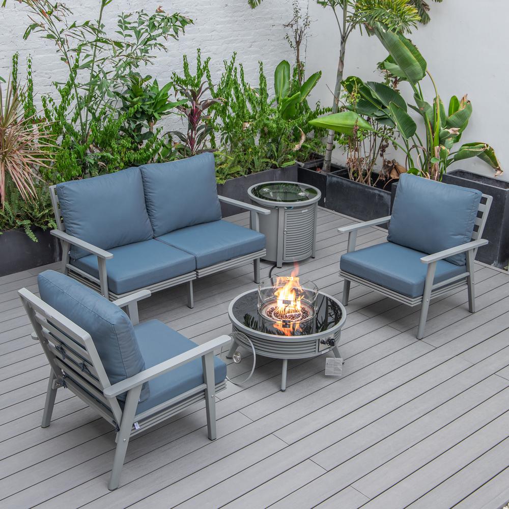 LeisureMod Walbrooke Modern Grey Patio Conversation With Round Fire Pit With Slats Design & Tank Holder, Navy Blue. Picture 1