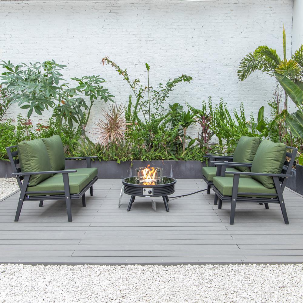 LeisureMod Walbrooke Modern Black Patio Conversation With Round Fire Pit With Slats Design & Tank Holder, Green. Picture 8
