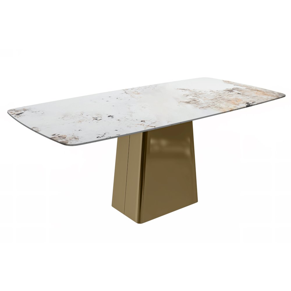 Quinix Series Dining Table, Gold Base With 71" White Grey Sintered Stone Top. Picture 1