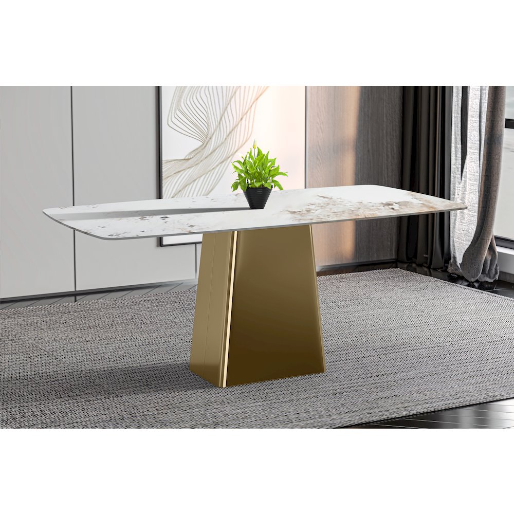 Quinix Series Dining Table, Gold Base With 71" White Grey Sintered Stone Top. Picture 3