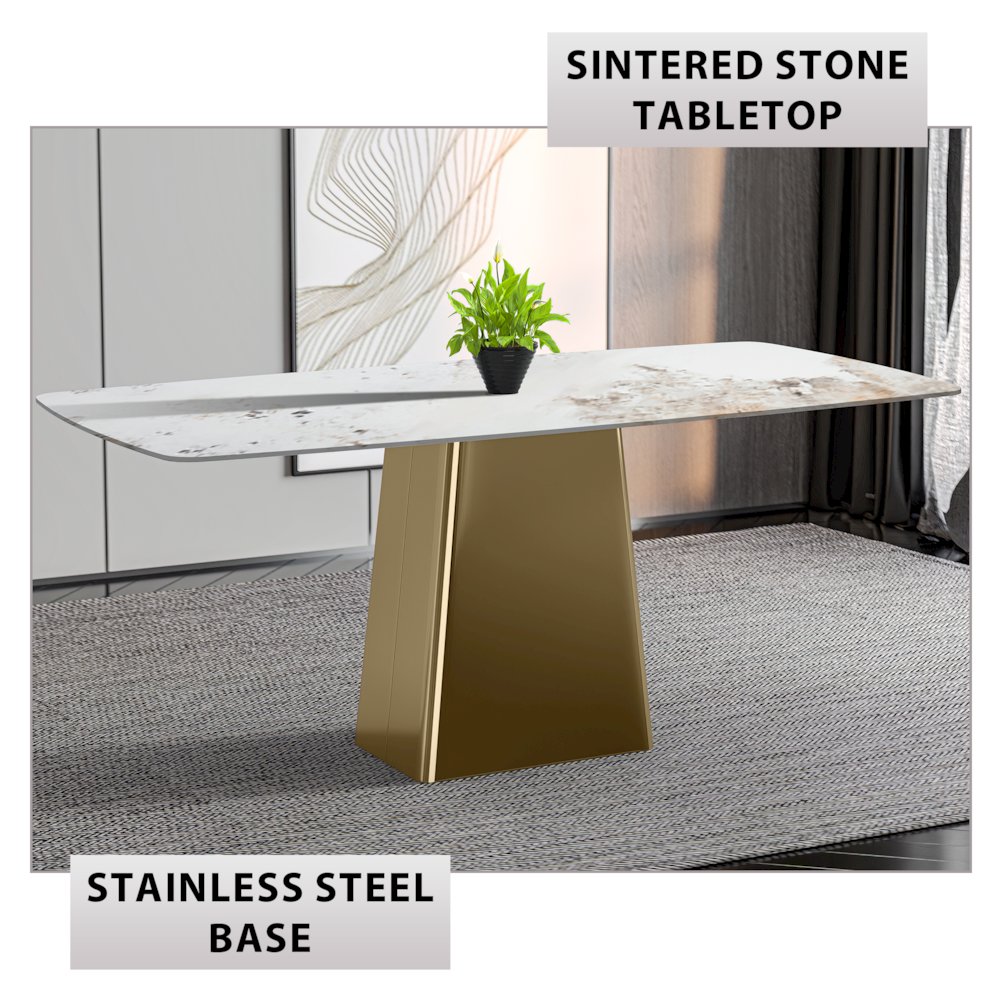 Quinix Series Dining Table, Gold Base With 71" White Grey Sintered Stone Top. Picture 4