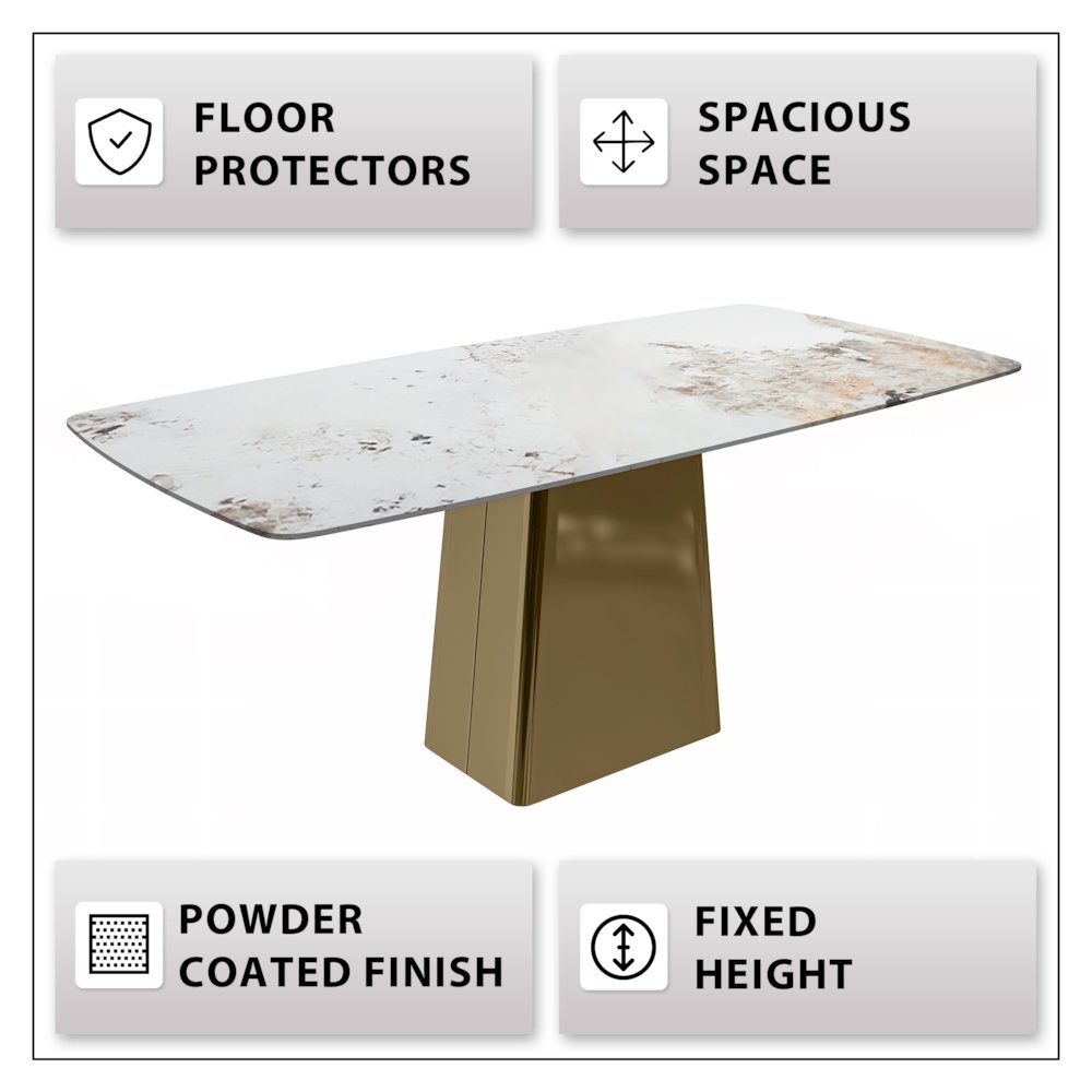 Quinix Series Dining Table, Gold Base With 71" White Grey Sintered Stone Top. Picture 5