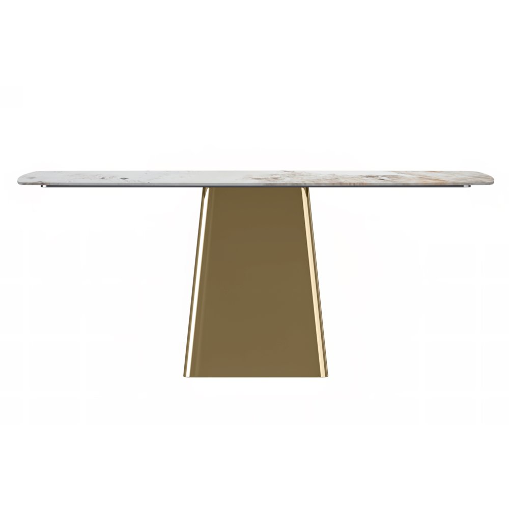 Quinix Series Dining Table, Gold Base With 71" White Grey Sintered Stone Top. Picture 7