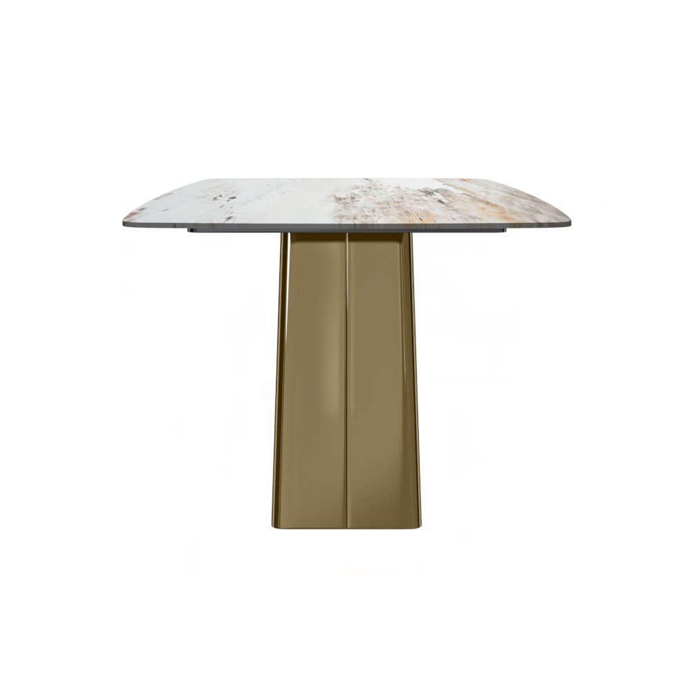 Quinix Series Dining Table, Gold Base With 71" White Grey Sintered Stone Top. Picture 8