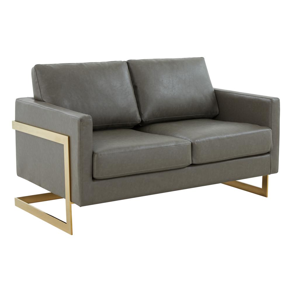 LeisureMod Lincoln Modern Mid-Century Upholstered Leather Loveseat with Gold Frame, Grey. Picture 1