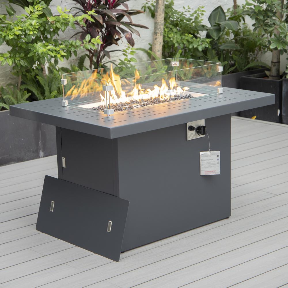 LeisureMod Hamilton 7-Piece Aluminum Patio Conversation Set With Fire Pit Table And Cushions Beige. Picture 6
