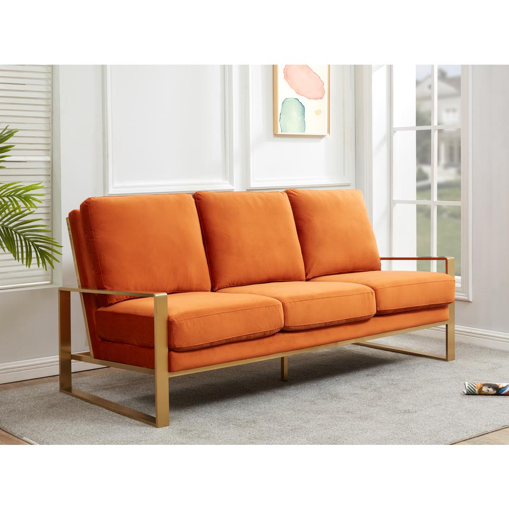 LeisureMod Jefferson Contemporary Modern Design Velvet Sofa With Gold Frame., Orange. Picture 4
