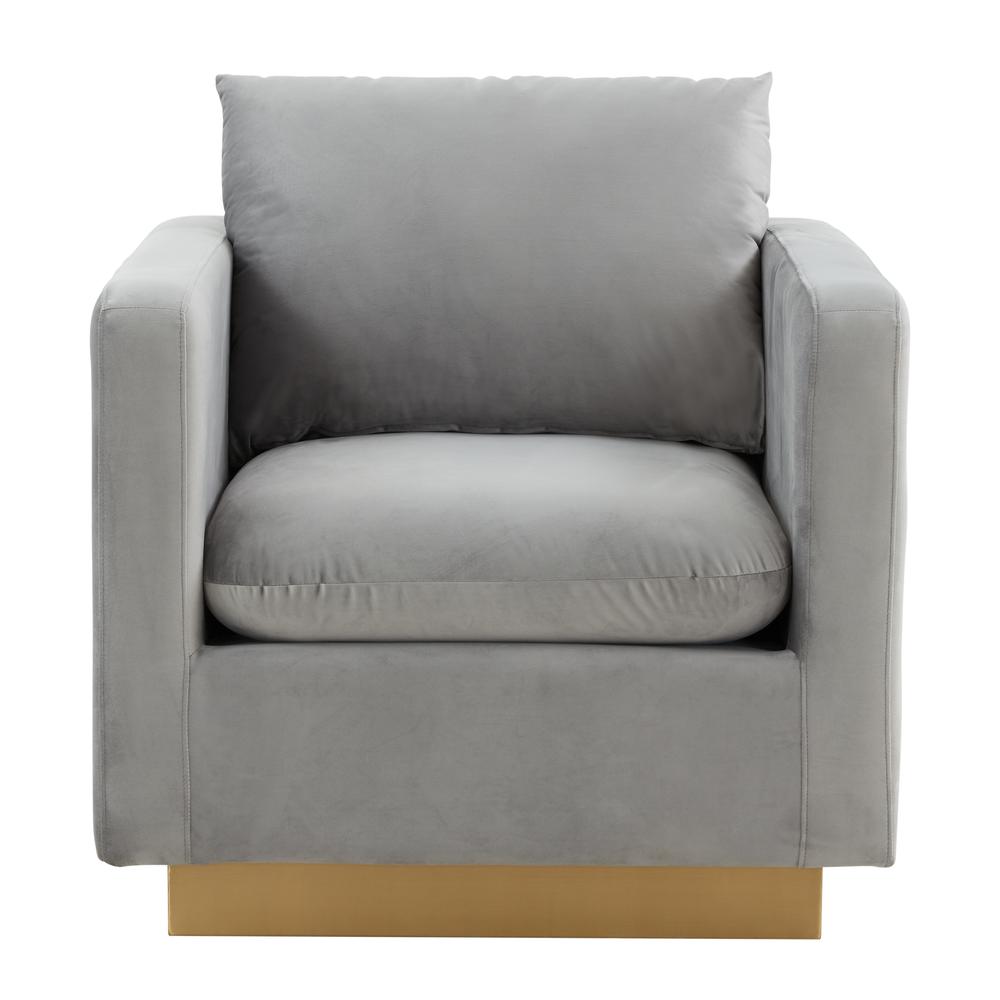 LeisureMod Nervo Velvet Accent Armchair With Gold Frame, Light Grey. Picture 2