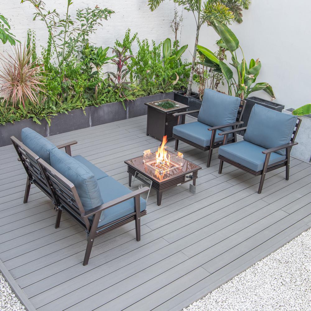 LeisureMod Walbrooke Modern Brown Patio Conversation With Square Fire Pit With Slats Design & Tank Holder, Navy Blue. Picture 9