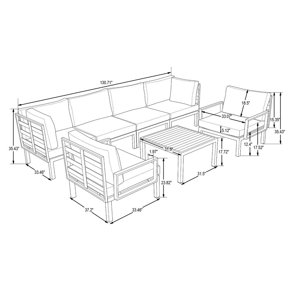 LeisureMod Hamilton 7-Piece Aluminum Patio Conversation Set With Coffee Table And Cushions Beige. Picture 9