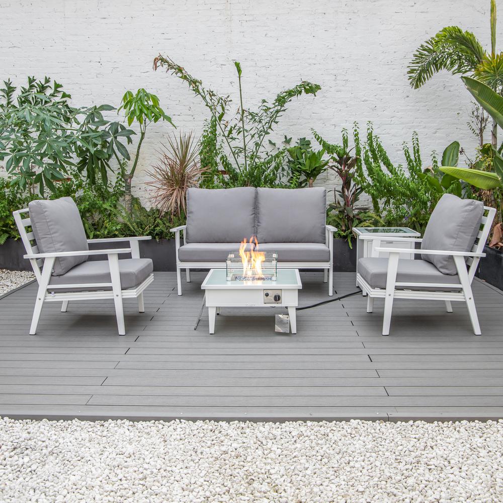 LeisureMod Walbrooke Modern White Patio Conversation With Square Fire Pit & Tank Holder, Grey. Picture 8