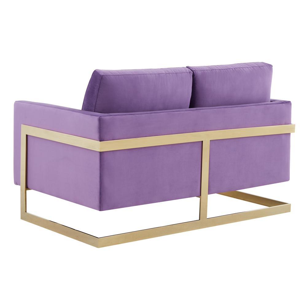 LeisureMod Lincoln Modern Mid-Century Upholstered Velvet Loveseat with Gold Frame, Purple. Picture 3