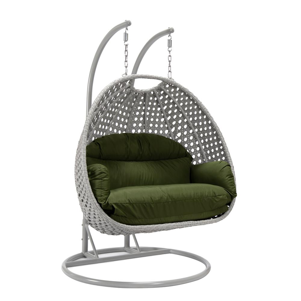 LeisureMod Wicker Hanging 2 person Egg Swing Chair in Dark Green. Picture 1