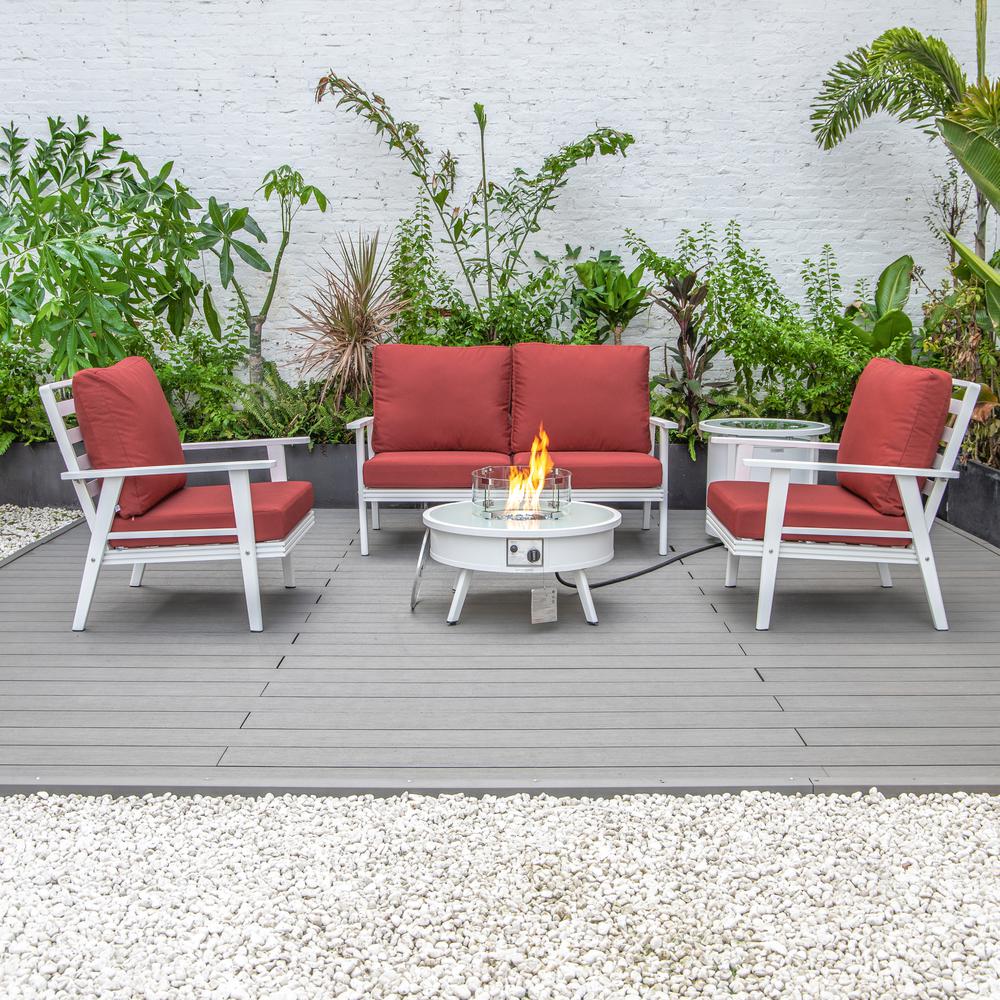 LeisureMod Walbrooke Modern White Patio Conversation With Round Fire Pit & Tank Holder, Red. Picture 9