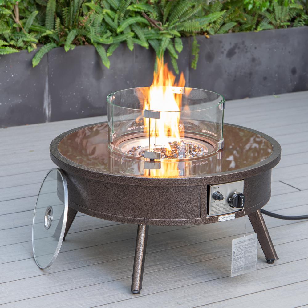 LeisureMod Walbrooke Modern Brown Patio Conversation With Round Fire Pit & Tank Holder, Green. Picture 4
