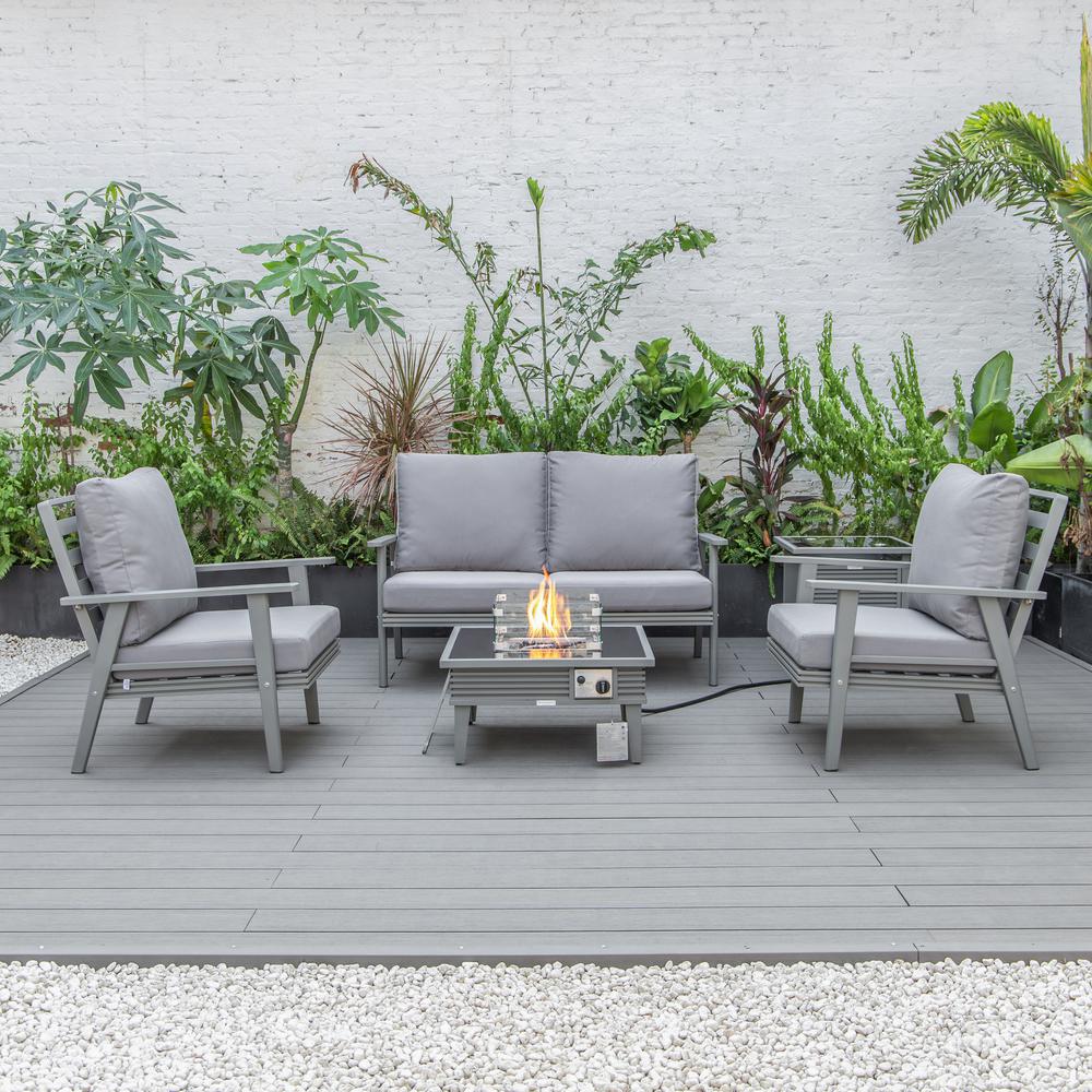 LeisureMod Walbrooke Modern Grey Patio Conversation With Square Fire Pit With Slats Design & Tank Holder, Grey. Picture 7