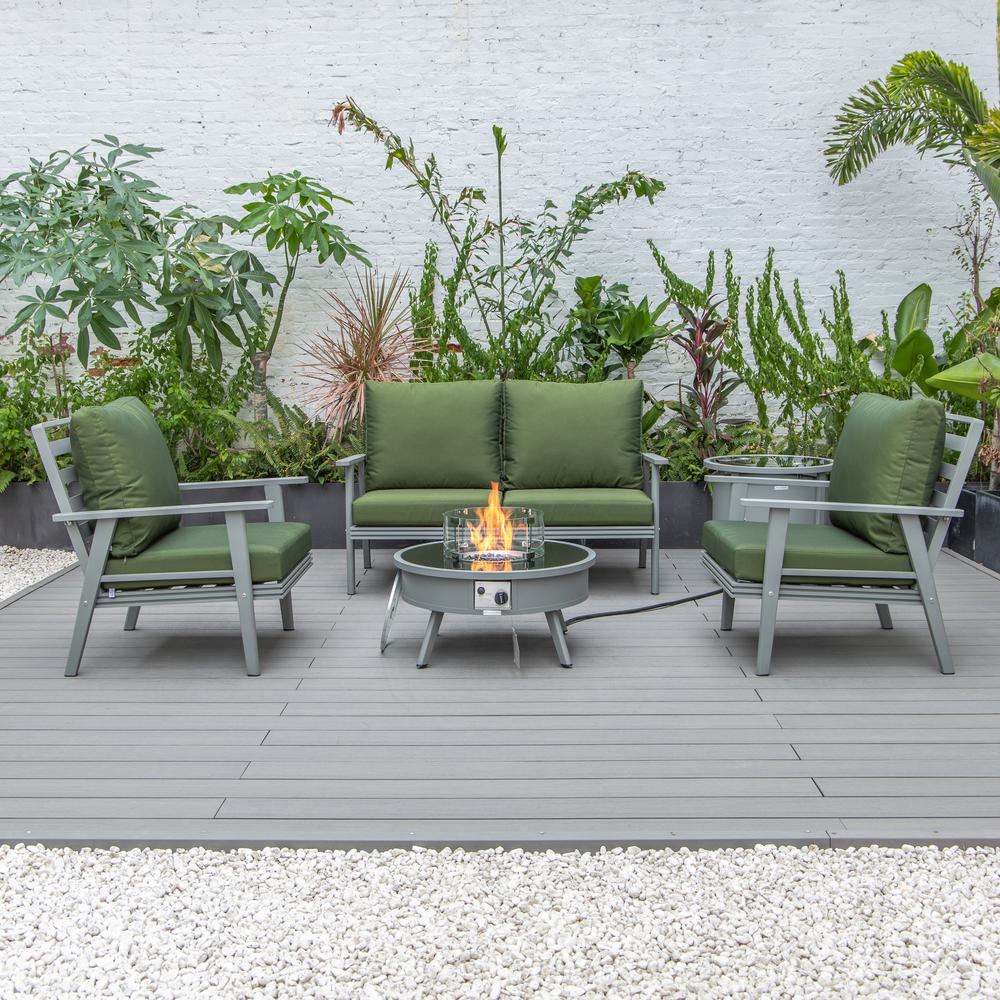LeisureMod Walbrooke Modern Grey Patio Conversation With Round Fire Pit & Tank Holder, Green. Picture 6