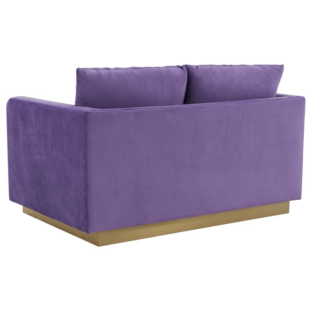 LeisureMod Nervo Modern Mid-Century Upholstered Velvet Loveseat with Gold Frame, Purple. Picture 3