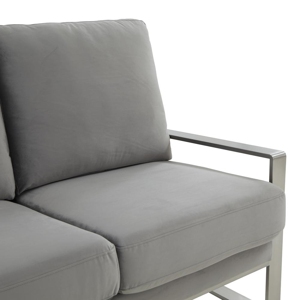 LeisureMod Jefferson Contemporary Modern Design Velvet Sofa With Silver Frame, Light Grey. Picture 7