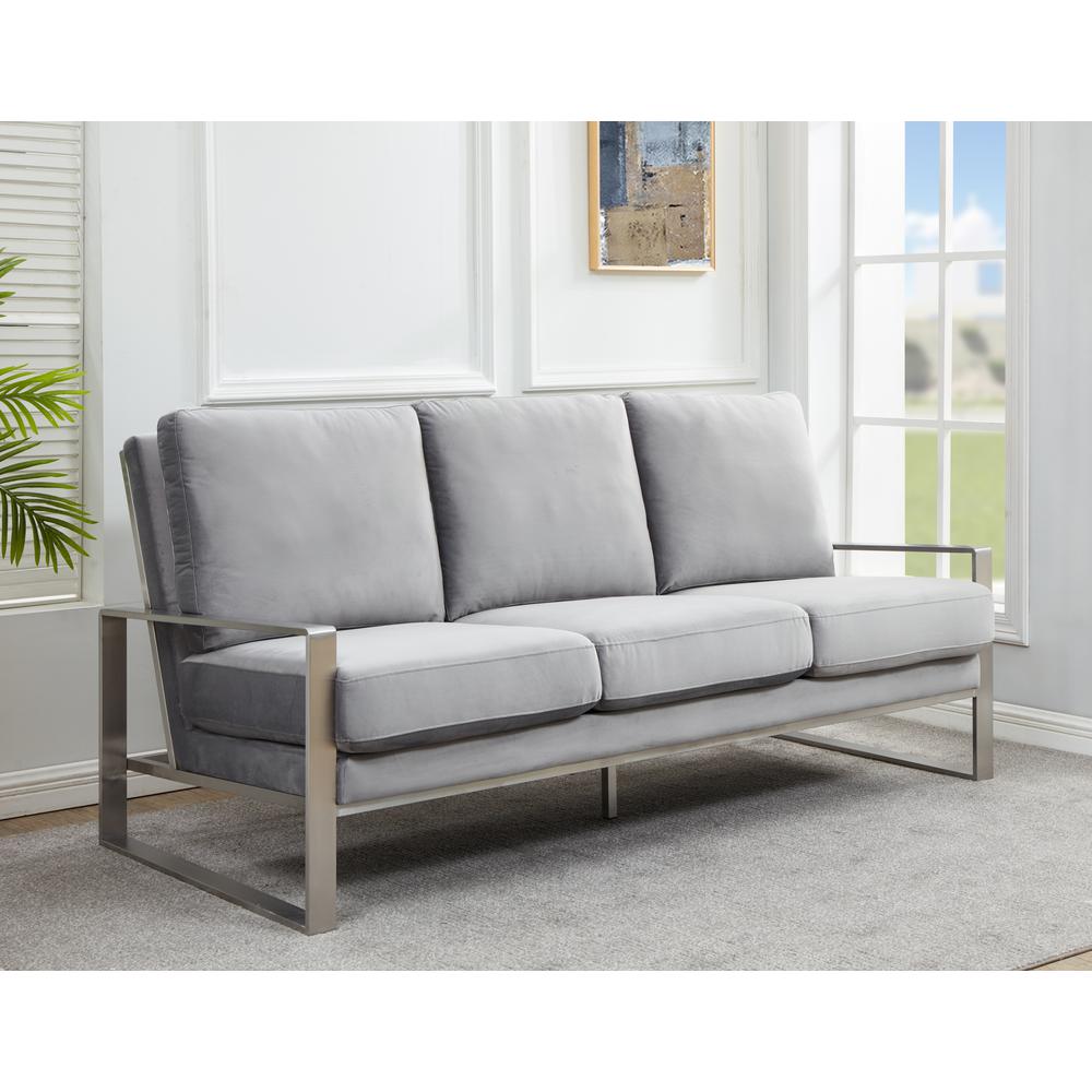 LeisureMod Jefferson Contemporary Modern Design Velvet Sofa With Silver Frame, Light Grey. Picture 2