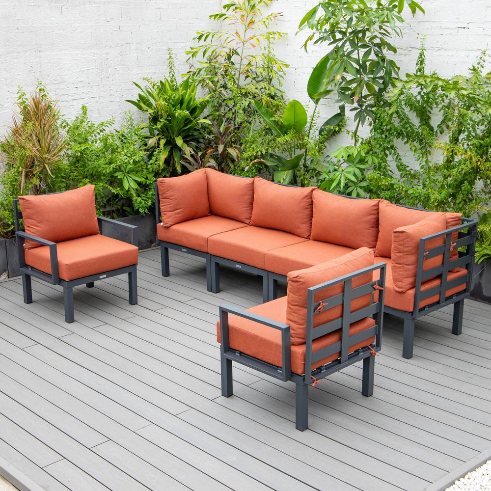 LeisureMod Chelsea 6-Piece Patio Sectional Black Aluminum With Cushions in Orange. Picture 31