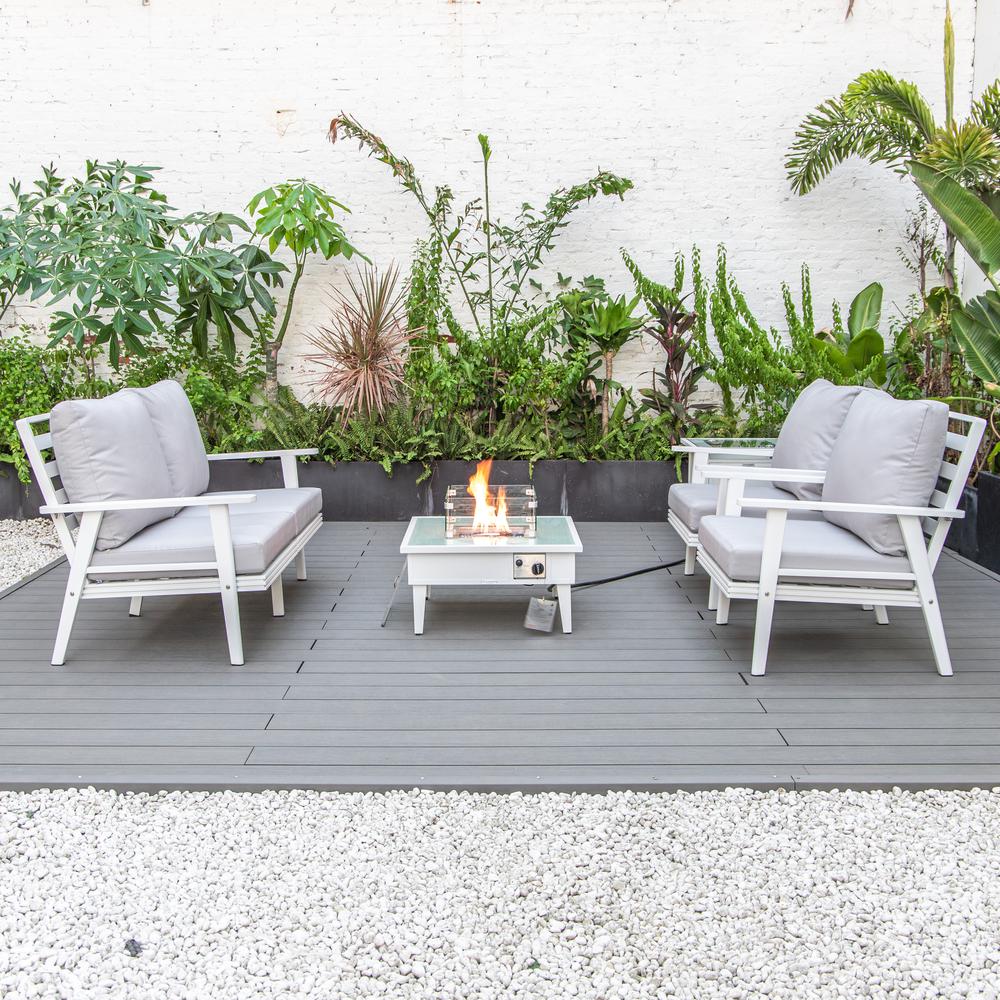 LeisureMod Walbrooke Modern White Patio Conversation With Square Fire Pit & Tank Holder, Light Grey. Picture 6