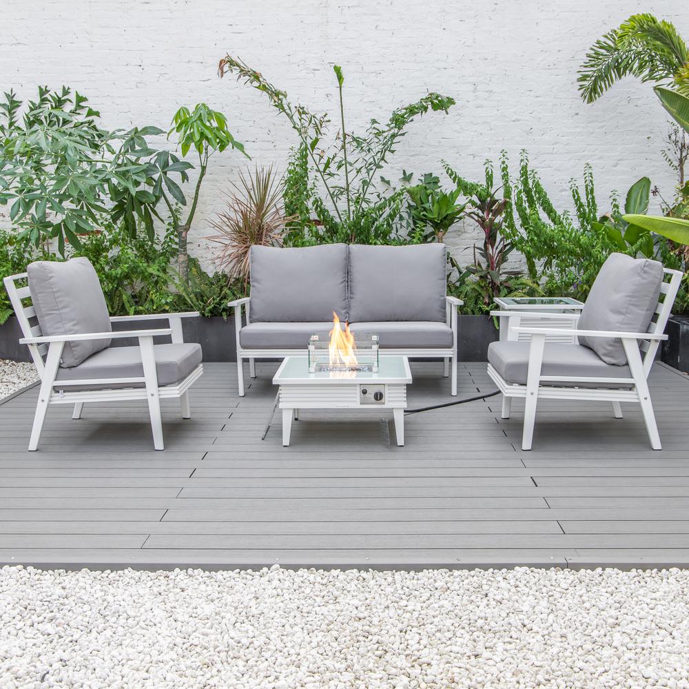 LeisureMod Walbrooke Modern White Patio Conversation With Square Fire Pit With Slats Design & Tank Holder, Grey. Picture 5