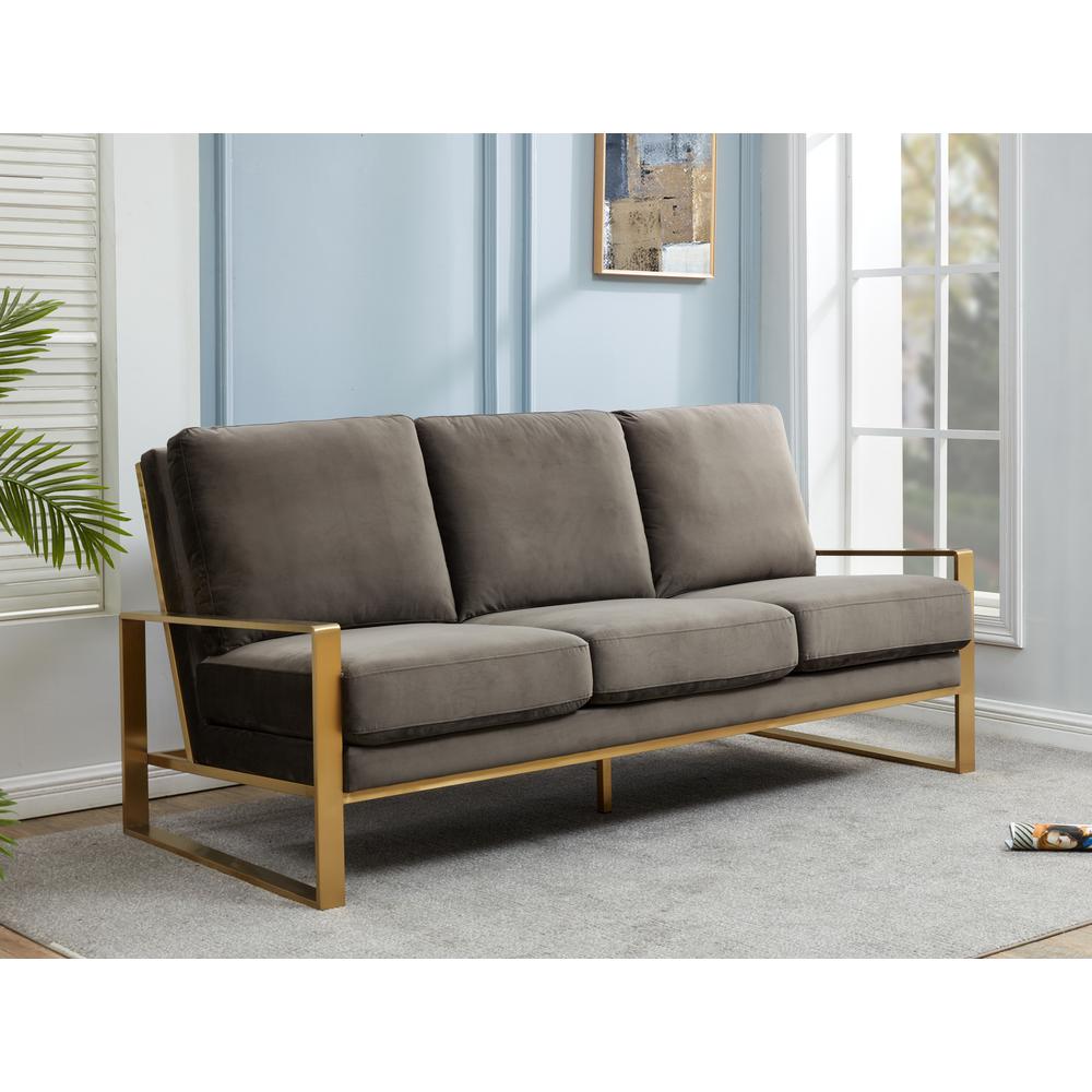LeisureMod Jefferson Contemporary Modern Design Velvet Sofa With Gold Frame., Dark Grey. Picture 4
