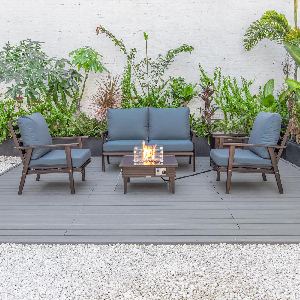 LeisureMod Walbrooke Modern Brown Patio Conversation With Square Fire Pit With Slats Design & Tank Holder, Navy Blue. Picture 6