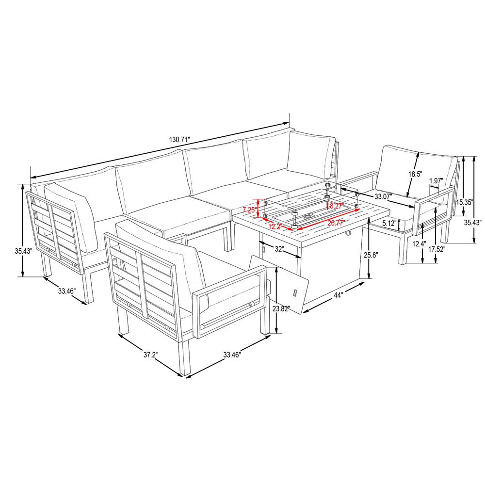 LeisureMod Hamilton 7-Piece Aluminum Patio Conversation Set With Fire Pit Table And Cushions Orange. Picture 7