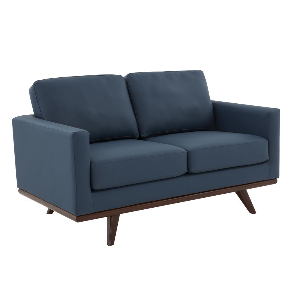 LeisureMod Chester Modern Leather Loveseat With Birch Wood Base, Navy Blue. Picture 1