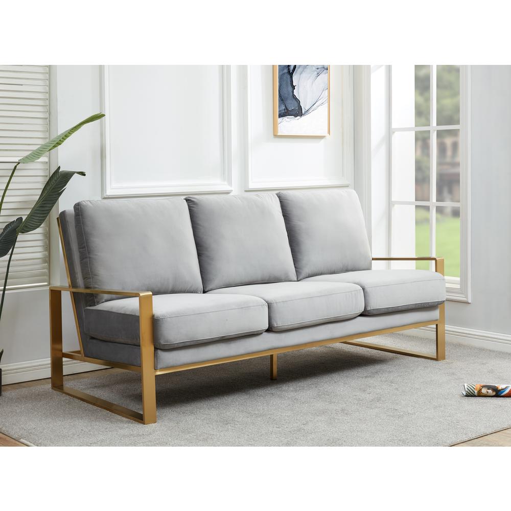 LeisureMod Jefferson Contemporary Modern Design Velvet Sofa With Gold Frame., Light Grey. Picture 5