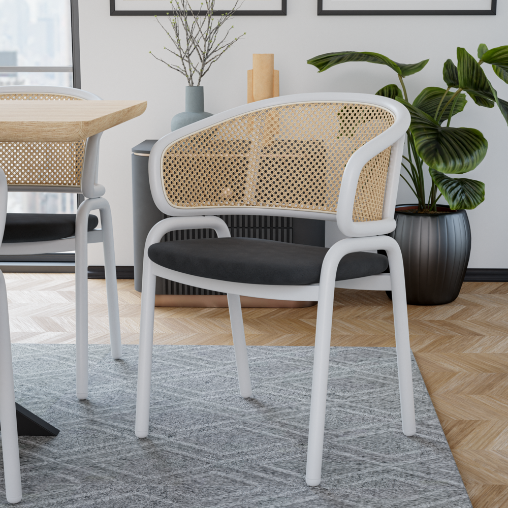 Dining Chair with White Powder Coated Steel Legs and Wicker Back, Set of 2. Picture 10