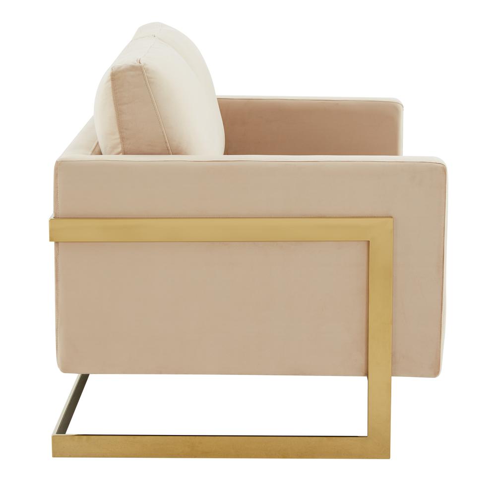 LeisureMod Lincoln Modern Mid-Century Upholstered Velvet Loveseat with Gold Frame, Beige. Picture 4