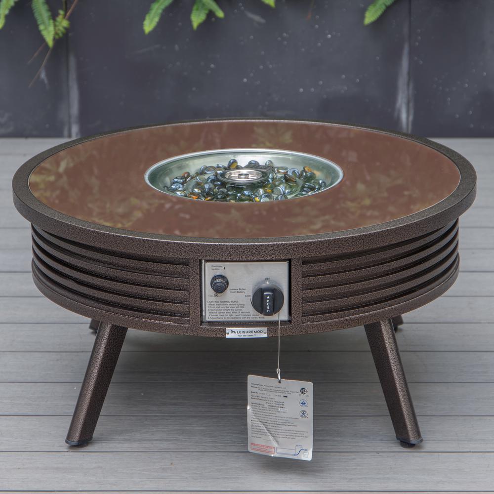 LeisureMod Walbrooke Modern Brown Patio Conversation With Round Fire Pit With Slats Design & Tank Holder, Charcoal. Picture 2