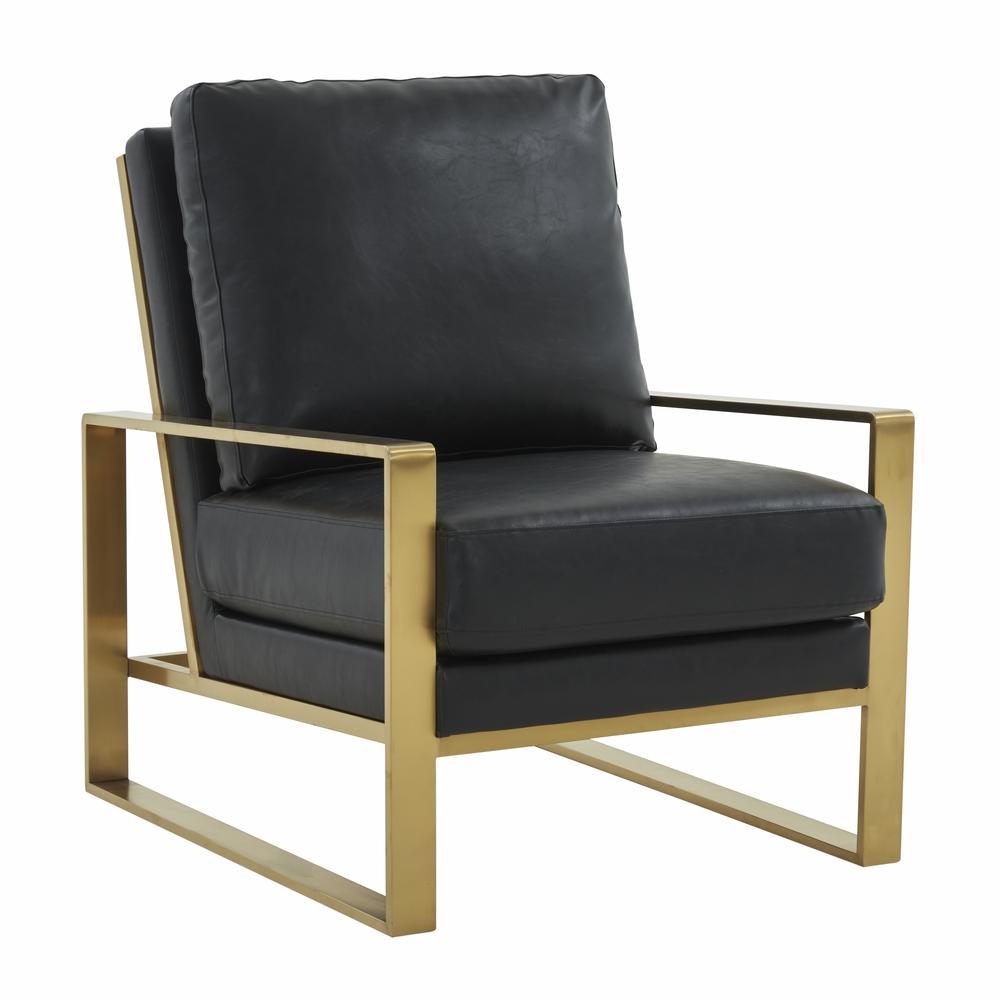 LeisureMod Jefferson Leather Modern Design Accent Armchair With Elegant Gold Frame, Black. Picture 1