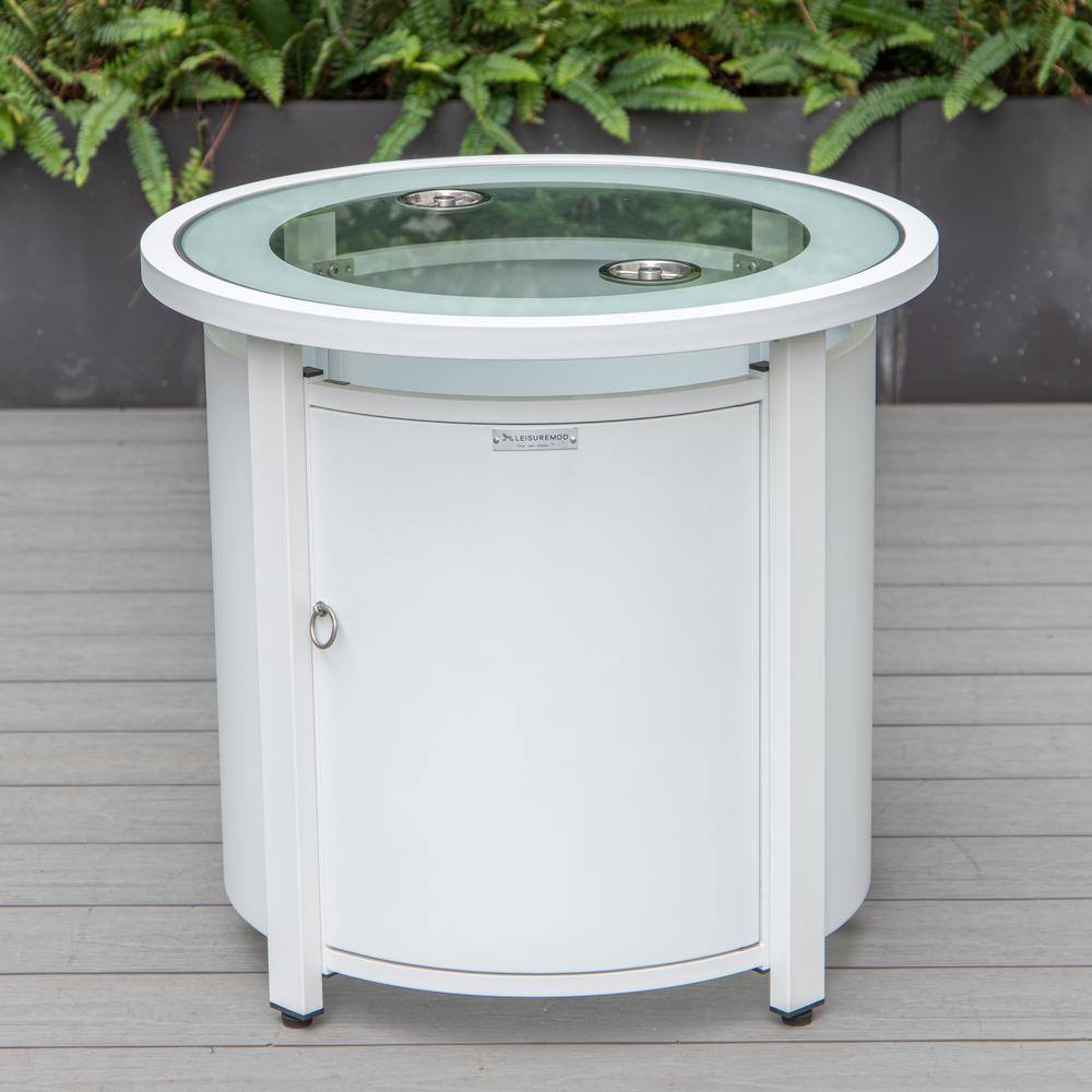 LeisureMod Walbrooke Modern White Patio Conversation With Round Fire Pit & Tank Holder, Grey. Picture 2