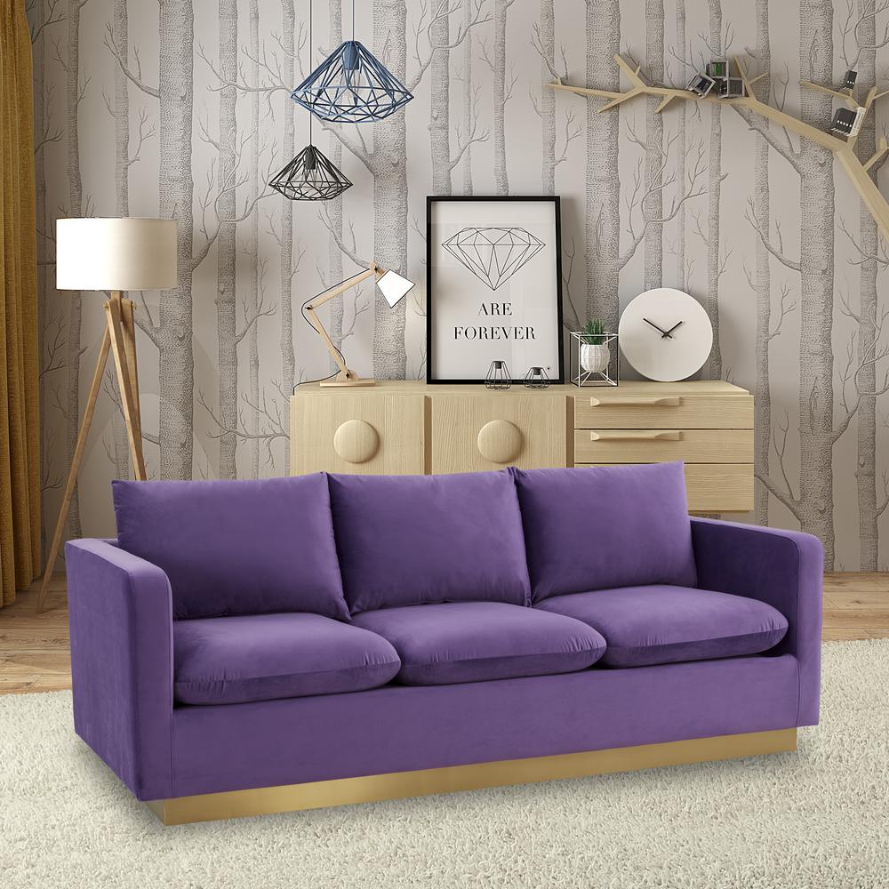 LeisureMod Nervo Modern Mid-Century Upholstered Velvet Sofa with Gold Frame, Purple. Picture 6