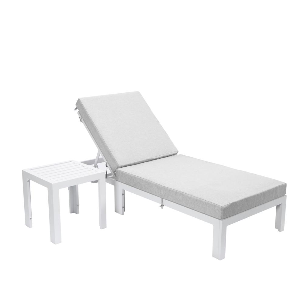 LeisureMod Chelsea Modern Outdoor White Chaise Lounge Chair With Side Table & Cushions Light Grey. Picture 1