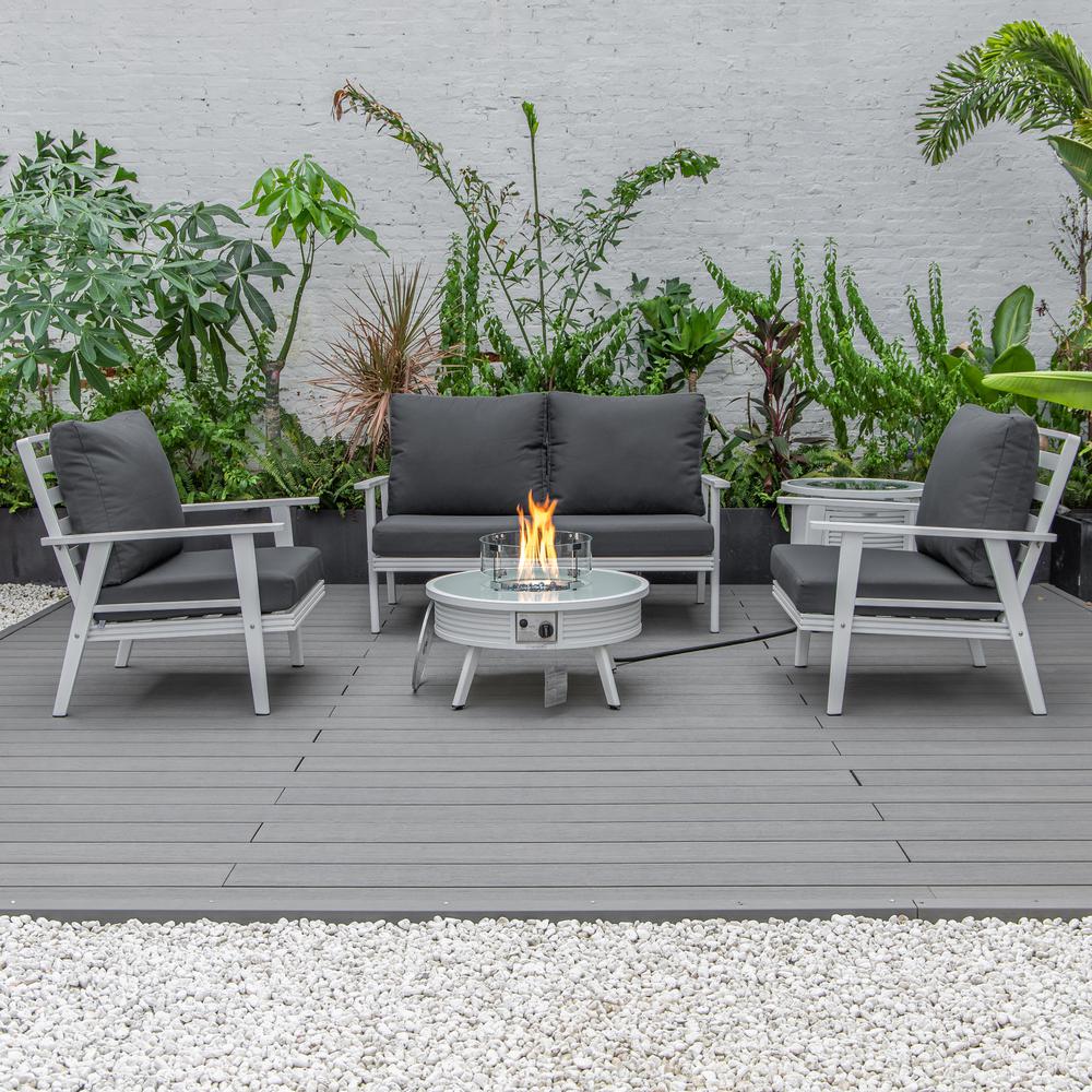 LeisureMod Walbrooke Modern White Patio Conversation With Round Fire Pit With Slats Design & Tank Holder, Charcoal. Picture 7