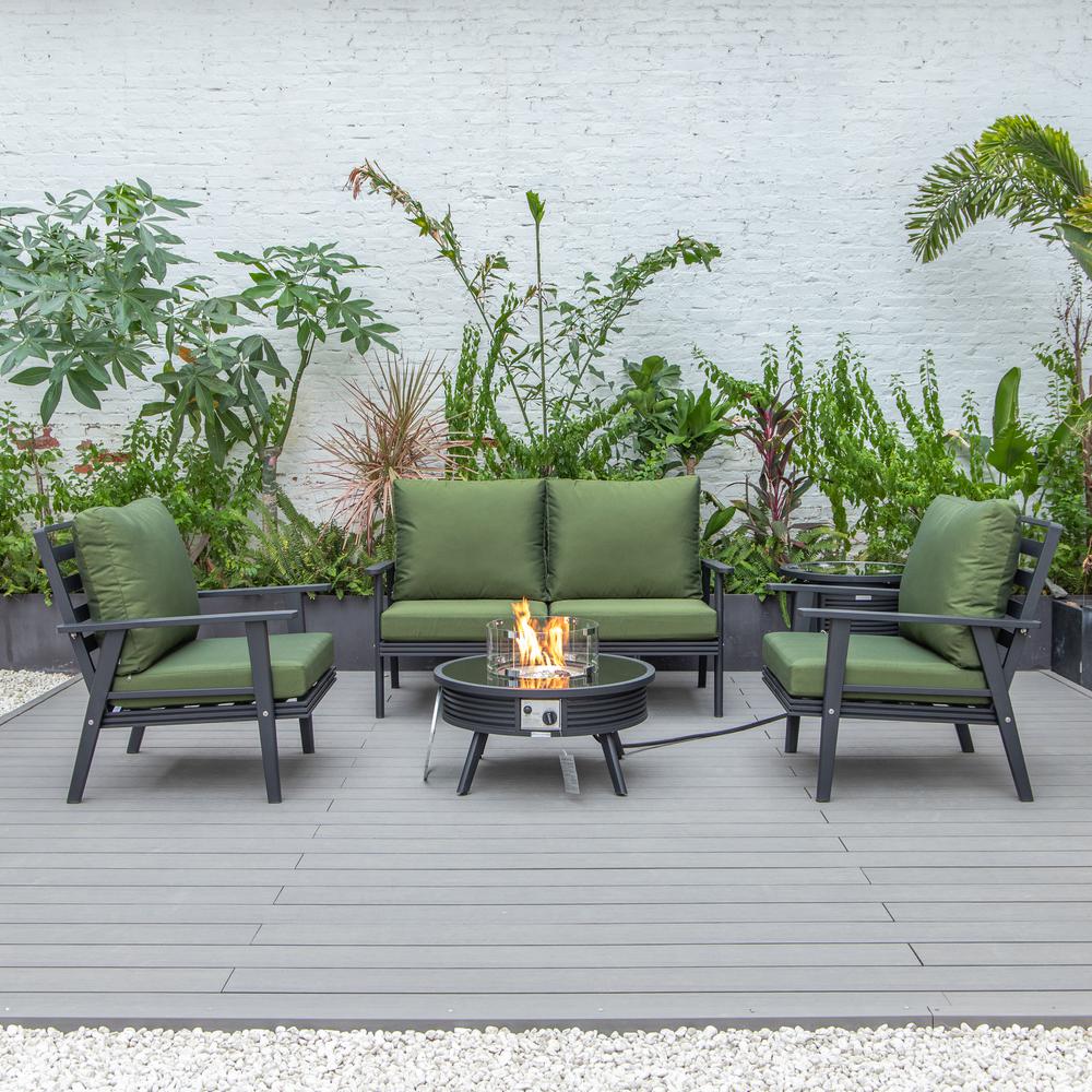 LeisureMod Walbrooke Modern Black Patio Conversation With Round Fire Pit With Slats Design & Tank Holder, Green. Picture 7