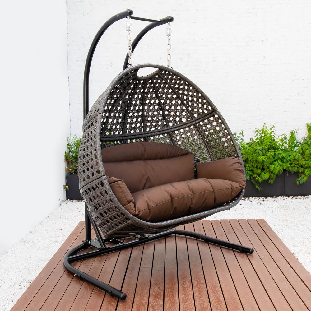 LeisureMod Wicker Hanging Double Egg Swing Chair in Dark Brown. Picture 1