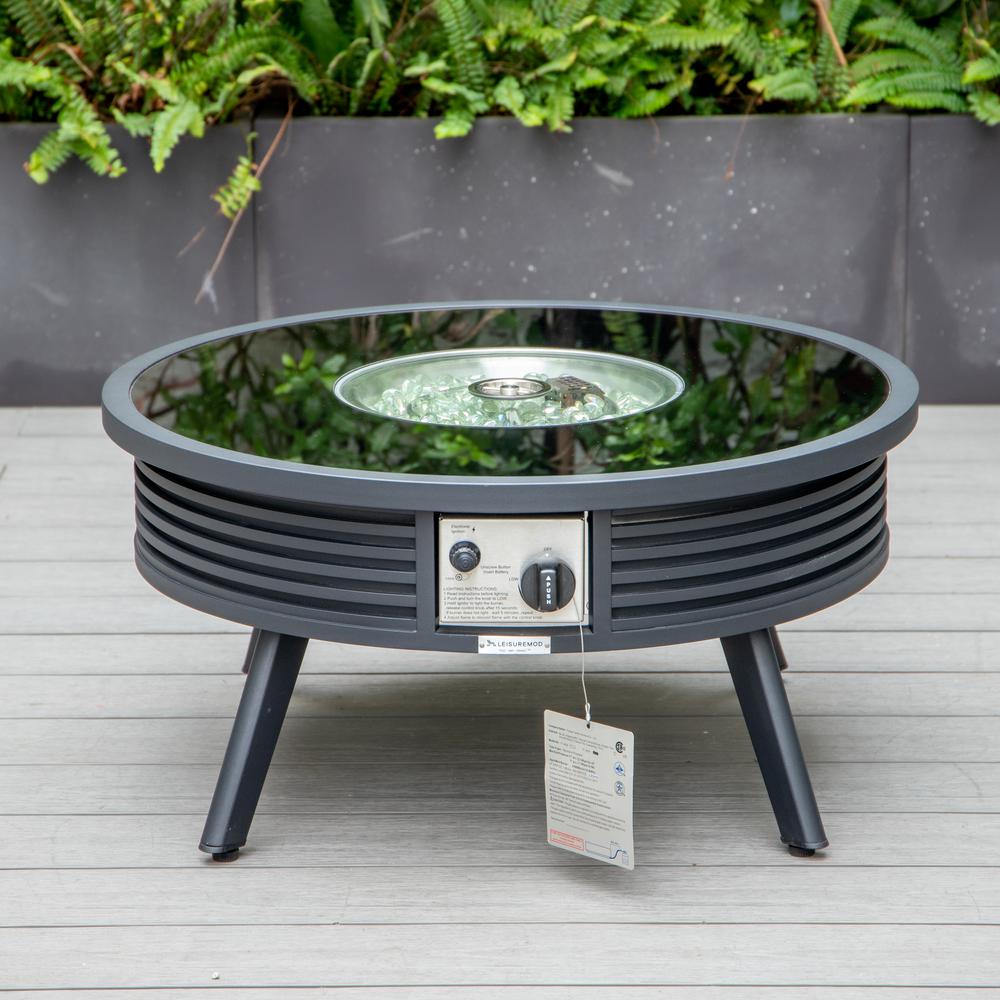 LeisureMod Walbrooke Modern Black Patio Conversation With Round Fire Pit With Slats Design & Tank Holder, Green. Picture 3