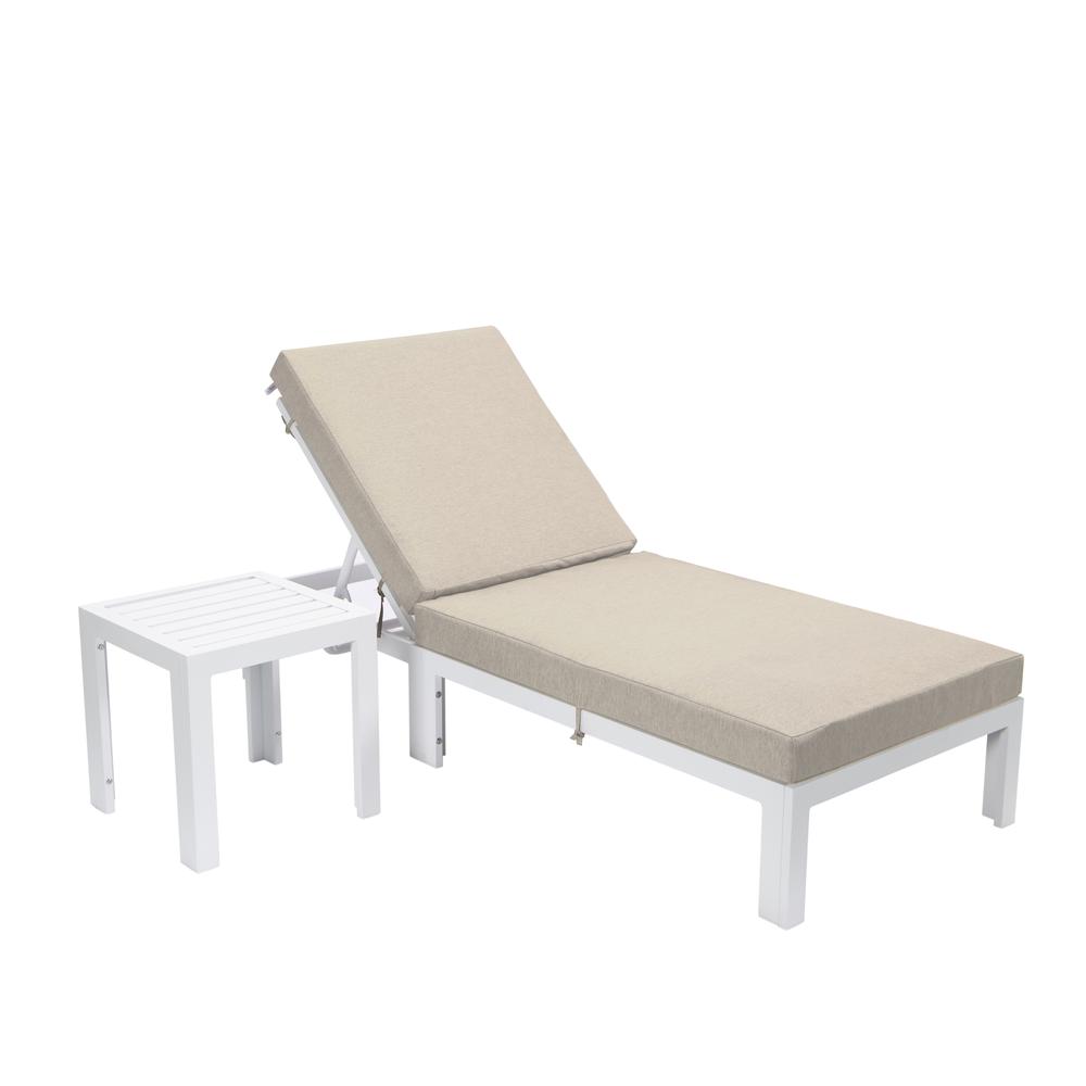 LeisureMod Chelsea Modern Outdoor White Chaise Lounge Chair With Side Table & Cushions Beige. Picture 1