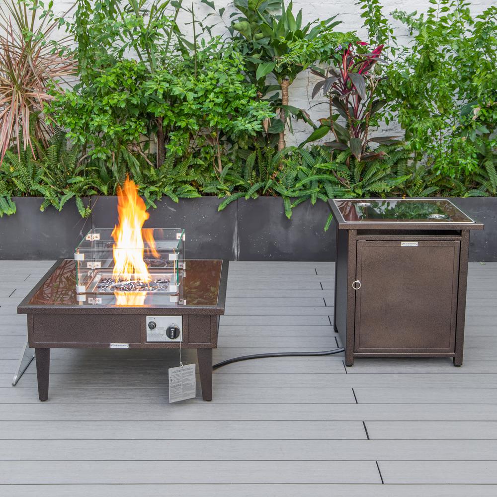 LeisureMod Walbrooke Modern Brown Patio Conversation With Square Fire Pit & Tank Holder, Charcoal. Picture 6