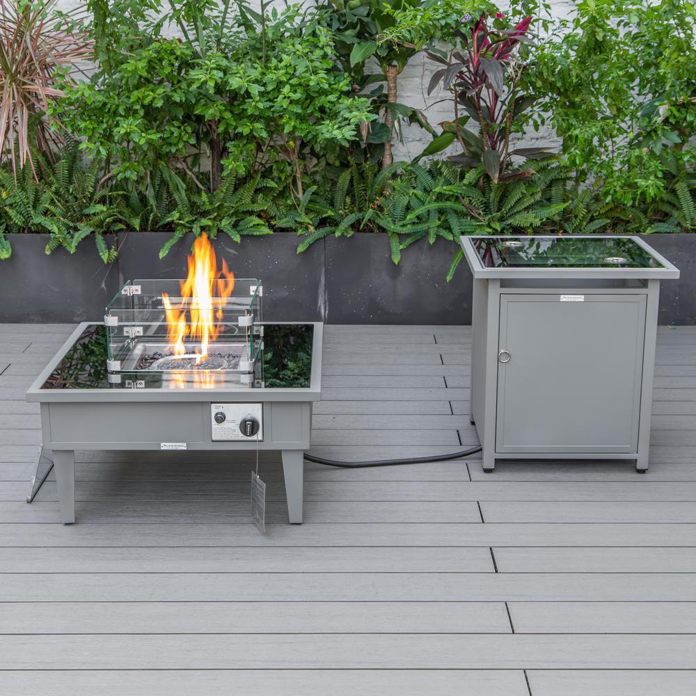 LeisureMod Walbrooke Modern Grey Patio Conversation With Square Fire Pit & Tank Holder, Green. Picture 5