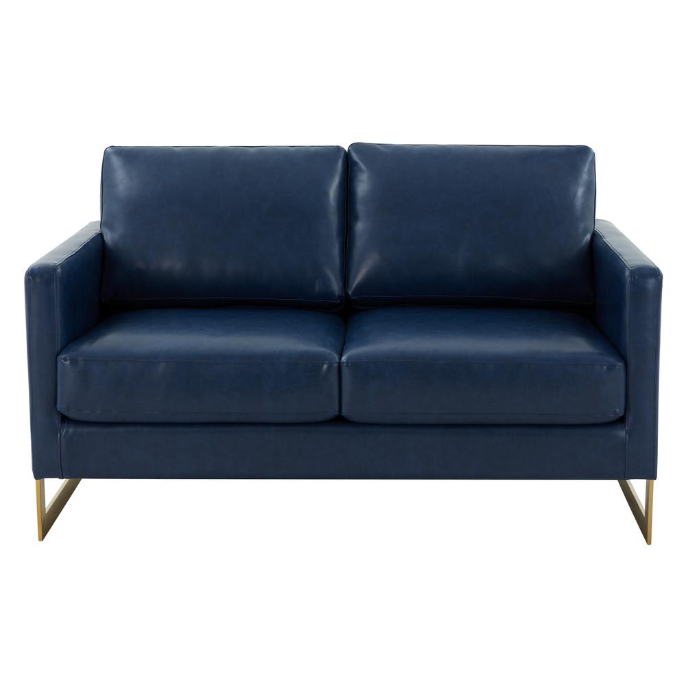 LeisureMod Lincoln Modern Mid-Century Upholstered Leather Loveseat with Gold Frame, Navy Blue. Picture 3