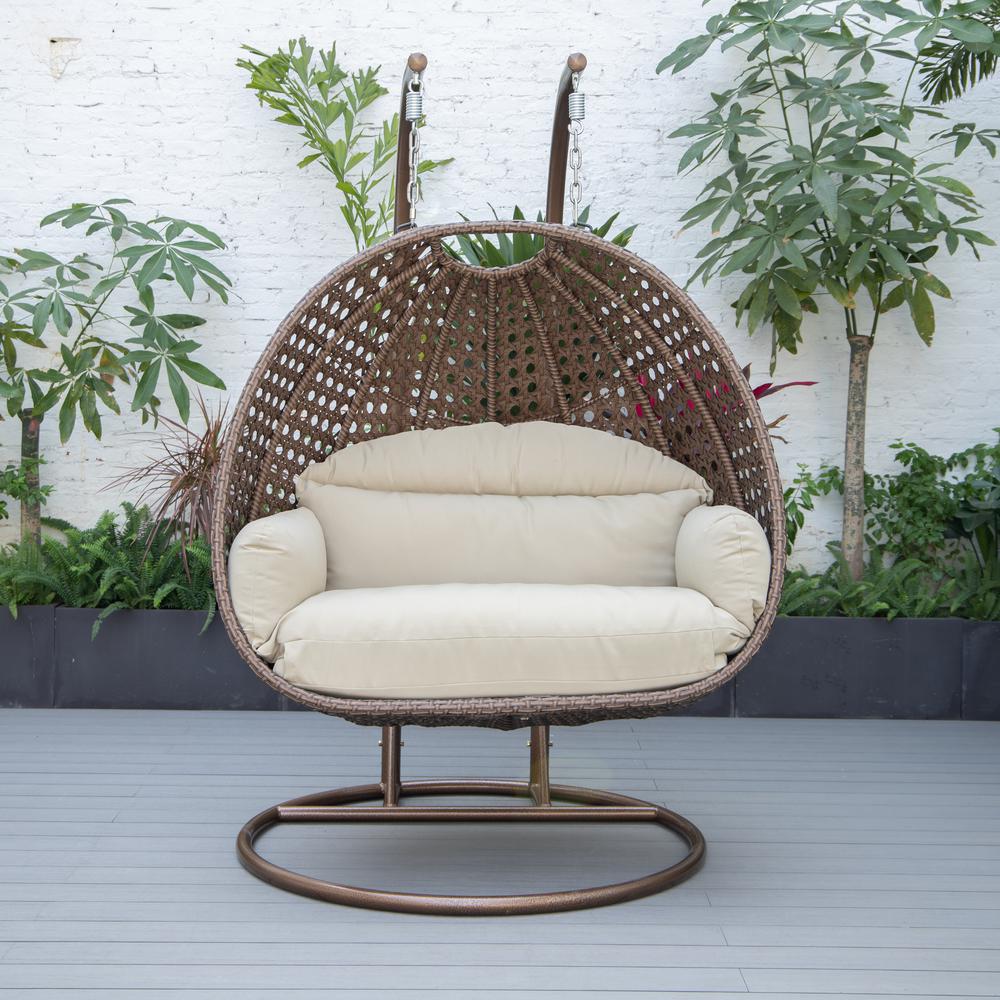 LeisureMod Wicker Hanging 2 person Egg Swing Chair , Taupe. Picture 3