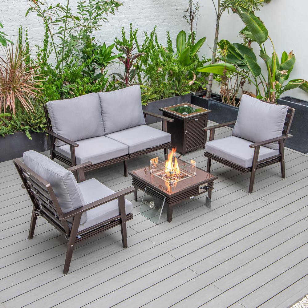 LeisureMod Walbrooke Modern Brown Patio Conversation With Square Fire Pit With Slats Design & Tank Holder, Grey. Picture 1